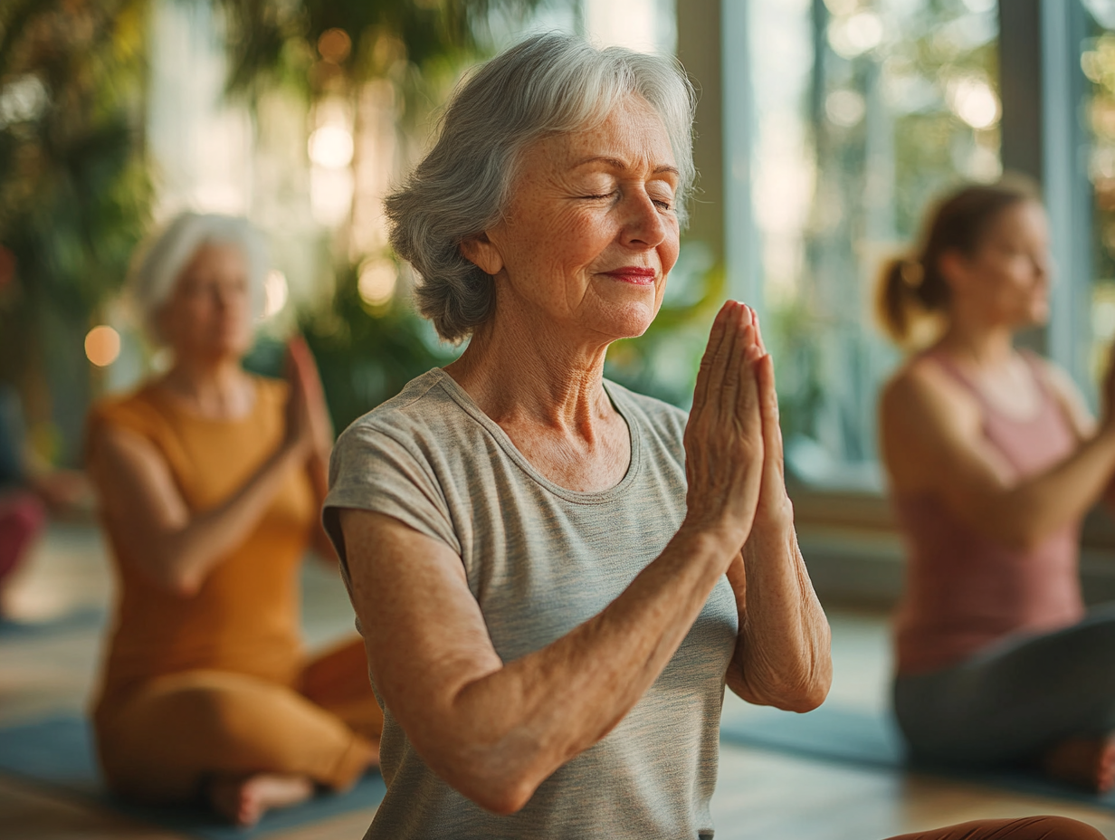 Група людей старшого віку займається йогою у світлій студії